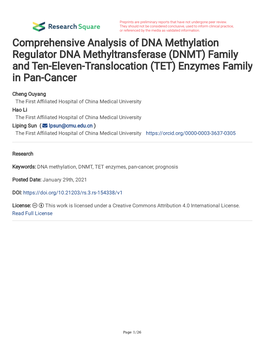 (DNMT) Family and Ten-Eleven-Translocation (TET) Enzymes Family in Pan-Cancer