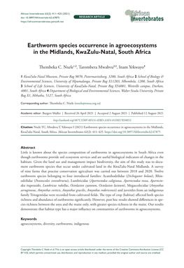 Earthworm Species Occurrence in Agroecosystems in the Midlands, Kwazulu-Natal, South Africa