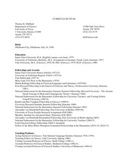 CURRICULUM VITAE Thomas K. Hubbard Department of Classics