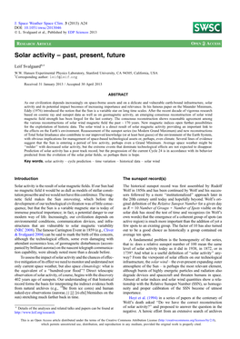 Solar Activity – Past, Present, Future