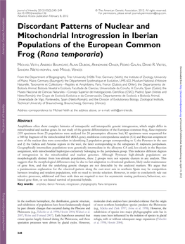 Discordant Patterns of Nuclear and Mitochondrial Introgression in Iberian Populations of the European Common Frog (Rana Temporaria)