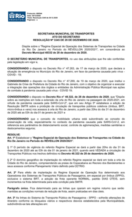 Secretaria Municipal De Transportes Ato Do Secretario Resolução Nº 3345 De 29 De Dezembro De 2020