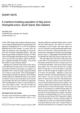 SHORT NOTE a Mainland Breeding Population of Fairy Prions