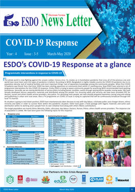 News Letter COVID-19 Response Year : 4 Issue : 3-5 March-May 2020 ESDO’S COVID-19 Response at a Glance Programmatic Interventions in Response to COVID-19