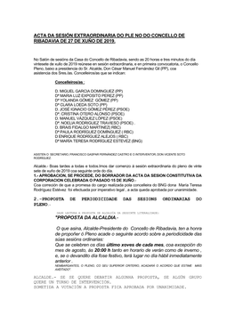 Acta Da Sesión Extraordinaria Do Ple No Do Concello De Ribadavia De 27 De Xuño De 2019. 2.-Proposta De Periodicidade Das Sesio