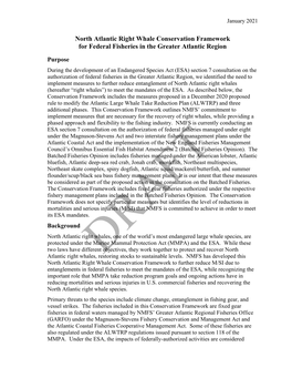 North Atlantic Right Whale Conservation Framework for Federal Fisheries in the Greater Atlantic Region