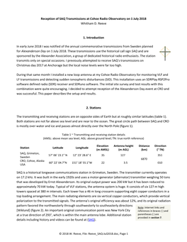 Reception of SAQ Transmissions at Cohoe Radio Observatory on 1 July 2018 Whitham D