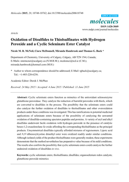 Oxidation of Disulfides to Thiolsulfinates with Hydrogen Peroxide and a Cyclic Seleninate Ester Catalyst