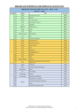 Broadcast Schedule for Friday 06 August 2021