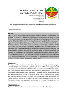 JOURNAL of HISTORY and MILITARY STUDIES [JHMS] Copyright © the Author(S), 2019 Volume 5(1): ISSN (Print): 2536-6726 ISSN (Online): 2734-388X Page: 63-91