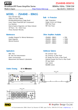 ZSA4848-80M1G Broadband RF Power Amplifier Series 80Mhz-1Ghz／55W CW Made in Japan Apr.28,2012／DS0014-01