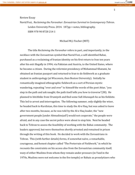 1 Review Essay Navid Fozi, Reclaiming the Faravahar: Zoroastrian Survival in Contemporary Tehran. Leiden University Press. 20