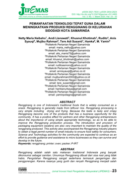 Pemanfaatan Teknologi Tepat Guna Dalam Meningkatkan Produksi Rengginang Di Kelurahan Sidodadi Kota Samarinda