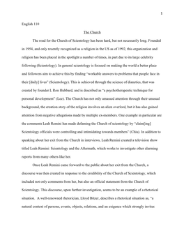 1 English 110 the Church the Road for the Church of Scientology Has Been Hard, but Not Necessarily Long. Founded in 1954, and On