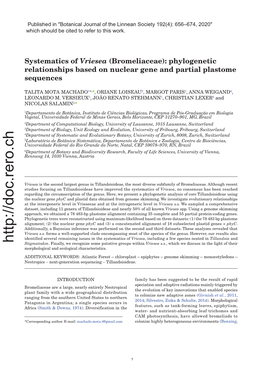 Systematics of Vriesea (Bromeliaceae): Phylogenetic Relationships Based on Nuclear Gene and Partial Plastome Sequences