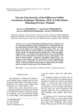 Nest-Site Characteristics of the Edible-Nest Swiftlet Aerodramus Fuciphagus (Thunberg, 1812) at Si-Ha Islands, Phattalung Province, Thailand