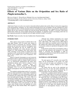 Effects of Various Diets on the Oviposition and Sex Ratio of Pimpla Turionellae L