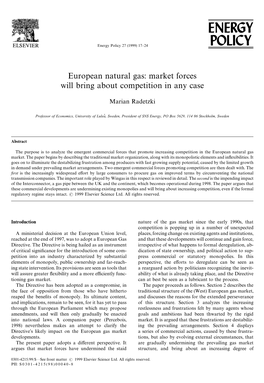 European Natural Gas: Market Forces Will Bring About Competition in Any Case