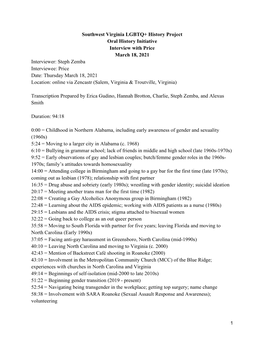 Price March 18, 2021 Interviewer: Steph Zemba Interviewee: Price Date: Thursday March 18, 2021 Location: Online Via Zencastr (Salem, Virginia & Troutville, Virginia)