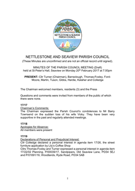 NETTLESTONE and SEAVIEW PARISH COUNCIL (These Minutes Are Unconfirmed and Are Not an Official Record Until Signed)