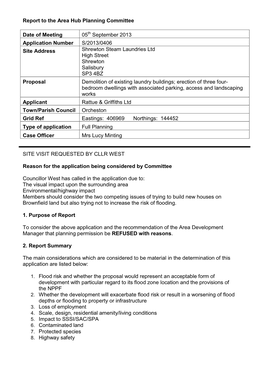 Report to the Area Hub Planning Committee Date of Meeting 05Th September 2013 Application Number S/2013/0406 Site Address Shrewt