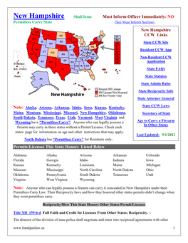 New Hampshire Shall Issue Must Inform Officer Immediately: NO Permitless Carry State (See Must Inform Section) New Hampshire CCW Links