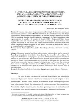 A Literatura Como Instrumento De Resistência: Uma Análise Da Narrativa Autoficcional De Pessach: a Travessia, De Carlos Heitor Cony