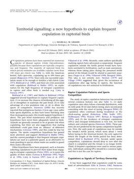 Territorial Signalling: a New Hypothesis to Explain Frequent Copulation in Raptorial Birds