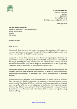 Rt. Hon Joan Ryan MP House of Commons London SW1A 0AA Tel: 0207 219 2442 Email: Joan.Ryan.Mp@Parliament.Uk