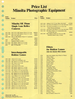 Price List Minolta Photographic Equipment