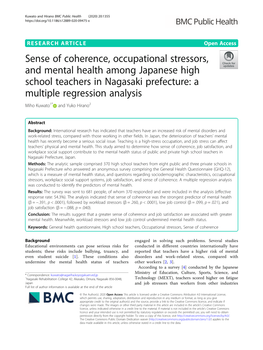 Sense of Coherence, Occupational Stressors, and Mental Health Among Japanese High School Teachers in Nagasaki Prefecture: a Mult