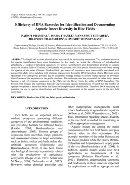 Efficiency of DNA Barcodes for Identification and Documenting Aquatic Insect Diversity in Rice Fields