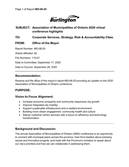 Association of Municipalities of Ontario 2020 Virtual Conference Highlights TO: Corporate Services, Strategy, Risk & Accountability Cttee