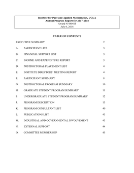 Institute for Pure and Applied Mathematics, UCLA Annual Progress Report for 2017-2018 Award #1440415 July 6, 2018