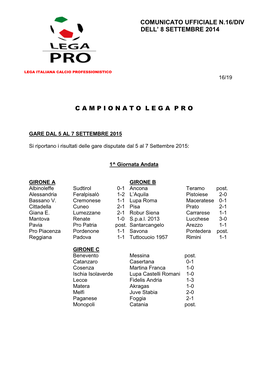 Comunicato Ufficiale N.16/Div Dell' 8 Settembre 2014