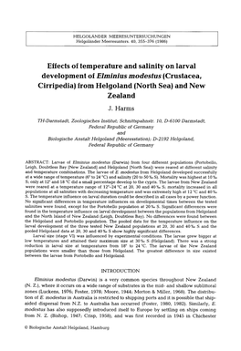 Effects of Temperature and Salinity on Larval Development of Elminius Modestus (Crustacea, Cirripedia) from Helgoland (North Sea) and New Zealand