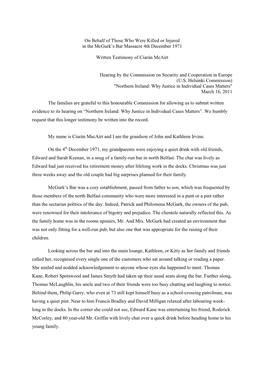 On Behalf of Those Who Were Killed Or Injured in the Mcgurk's Bar Massacre 4Th December 1971 Written Testimony of Ciarán
