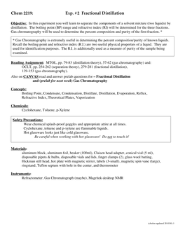 Chem 2219: Exp. #2 Fractional Distillation