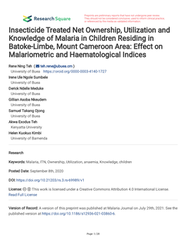 Insecticide Treated Net Ownership, Utilization