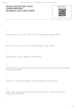 Homer and the Epic Cycle (CAH020N209A) | University of Roehampton