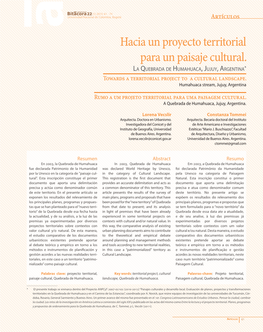 Hacia Un Proyecto Territorial Para Un Paisaje Cultural. La Quebrada De Humahuaca, Jujuy, Argentina* Towards a Territorial Project to a Cultural Landscape