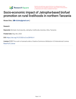 Socio-Economic Impact of Jatropha-Based Biofuel Promotion on Rural Livelihoods in Northern Tanzania