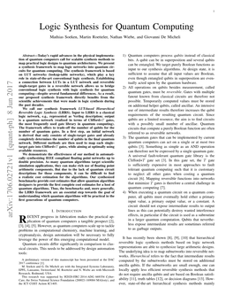 Logic Synthesis for Quantum Computing Mathias Soeken, Martin Roetteler, Nathan Wiebe, and Giovanni De Micheli