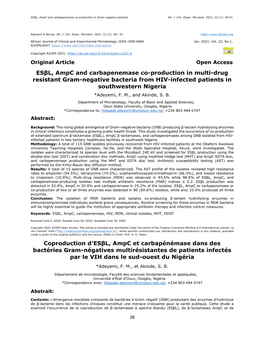 Esβl, Ampc and Carbapenemase Co-Production in Multi-Drug Resistant Gram-Negative Bacteria from HIV-Infected Patients in Southwestern Nigeria *Adeyemi, F