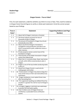 Student Page Name(S): Lesson 1 Oregon Forests