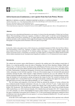 Salvia Huastecana (Lamiaceae), a New Species from San Luis Potosí, Mexico