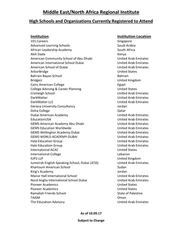Middle East/North Africa Regional Institute High Schools and Organizations Currently Registered to Attend