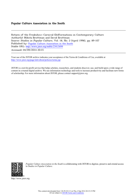 Carnival (De)Formations in Contemporary Culture Author(S): Mikita Brottman and David Brottman Source: Studies in Popular Culture, Vol