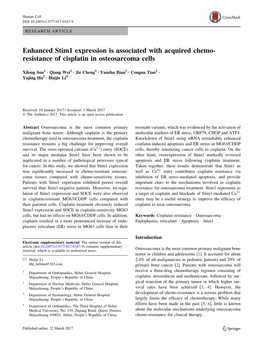 Enhanced Stim1 Expression Is Associated with Acquired Chemo- Resistance of Cisplatin in Osteosarcoma Cells