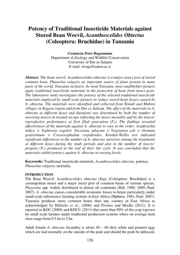 Potency of Traditional Insecticide Materials Against Stored Bean Weevil, Acanthoscelides Obtectus (Coleoptera: Bruchidae) in Tanzania